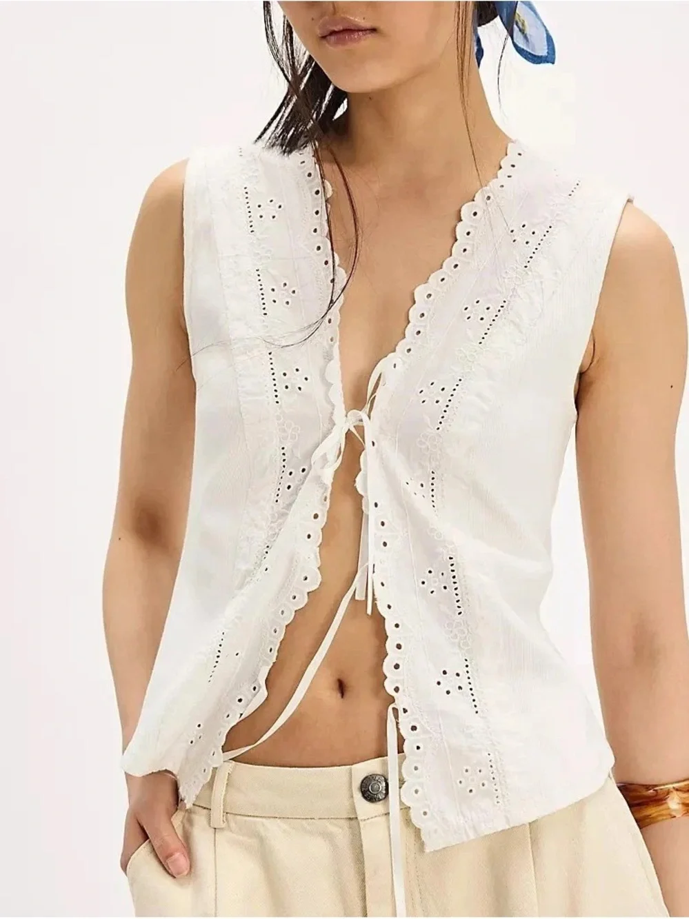 Free People White Eyelet Tie Front Tank - Picture 2 of 9